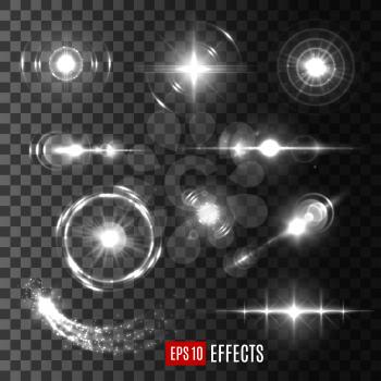 Light sparkles and bright star shine flashes on transparent background. Vector isolated set of sun beam and starlight with lens flare effect, glittering comet trail and twinkling glitter light circle
