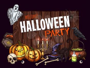 Halloween horror party welcome banner of trick or treat night celebration. Halloween pumpkin, ghost and spider, spooky skull, witch hat and cat, cauldron and coffin sketch poster on wooden background