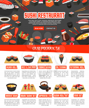 Sushi restaurant menu template of sushi rolls set with ikura, rice and salmon, tobiko or ebi maki and futomaki, ramen noodles soup, aburi or japanese tea and chopsticks with soy sauce for Asian food