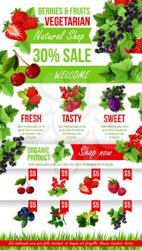 Fresh berries sale poster template for farm fruit market. Vector price for garden raspberry, strawberry or cherry and blueberry, organic forest blackberry or vegetarian cranberry and red currant