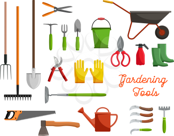 Gardening or gardener planting work tools icons. Vector isolated set of garden rake, spade or watering can and bucket, tree cutter scissors and farmer boots with wheelbarrow and pitchfork, ax and saw