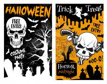 Halloween horror trick or treat night poster of spooky monsters for horror holiday celebration design. Vector Halloween pumpkin lantern, skeleton skull or and witch death coffin on tombstone grave