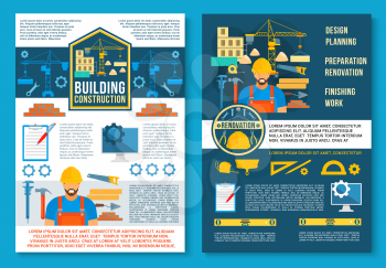 Home constrution and house building planning poster or brochure template. Vector flat design of engineering and interior designing work tools, engineer builder with ruler, pencil or plan at brickwork