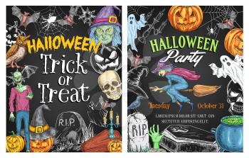 Halloween holiday horror party poster on chalkboard. Spooky Halloween pumpkin lantern, flying ghost, bat and witch sketch banner with creepy skull, zombie, spider and grave for Halloween themes design