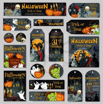 Halloween pumpkin and ghost label or tag set. Spooky Halloween night lantern, bat, horror skull and spider, graveyard with zombie, cat, death skeleton and haunted house for Halloween holiday design