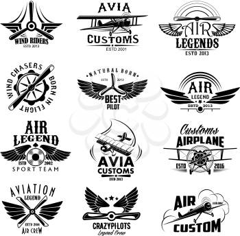 Avia customs and retro aviation symbols of airplane propeller and aircraft wings. Vector isolated icons and badges of vintage airscrew for aviation legend or best pilot and wind chasers sport team