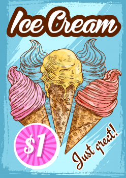 Ice cream dessert sketch price menu poster. Vector design of frozen fruit and dairy sweet ice scoops in wafer or waffle cones, sundae in chocolate glaze with nuts, sorbet and eskimo for gelateria cafe