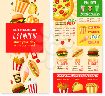 Fast food restaurant menu template for burger, hotdog or pizza and desserts. Vector price for combo meal of sandwiches, fries or hamburger and ice cream or donut, coffee or soda drink