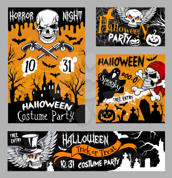 Halloween horror night party banner template with scary skull. Halloween pumpkin lantern, ghost and bat poster with spooky skeleton, pirate skull, haunted house and cemetery for autumn holiday design