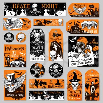 Halloween holiday tag and label set of night party celebration template. Skull, orange pumpkin lantern, bat and witch, scary death skeleton, spider web and black cat for greeting card and flyer design