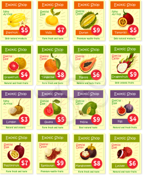 Exotic tropical fruits price cards. Vector set of starfruit carambola, yuzu apple or durian and tamarillo fruit, tropic harvest of grapefruit or tangerine and juicy papaya, dragonfruit or mangosteen