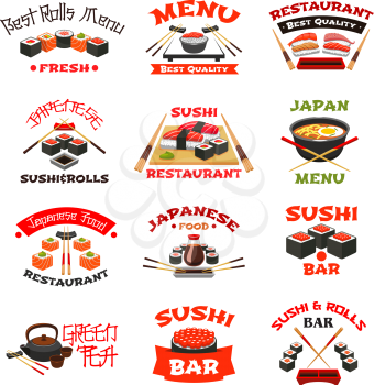 Sushi restaurant or bar icons for menu template. Vector isolated set of fish sushi rolls, rice and salmon tobiko, eel or tuna sashimi and ramen noodles soup, Japanese tea and chopsticks with soy sauce
