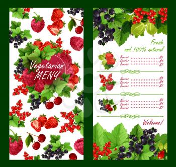 Fresh berries price list template for farm fruit market. Vector harvest design of garden strawberry, gooseberry or red currant and raspberry, blackcurrant or cherry and forest blueberry or blackberry