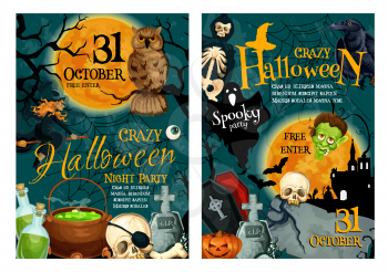 Spooky Halloween ghost and pumpkin poster set of holiday night party celebration. Scary witch, bat and spider, Halloween lantern, skeleton skull or zombie and haunted house poster with full moon sky