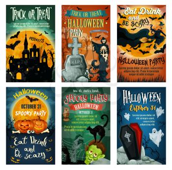 Halloween holiday spooky party invitation poster. Halloween pumpkin, horror ghost, bat and witch, haunted house, cemetery grave, spooky skeleton and zombie, black cat and full moon retro banner design