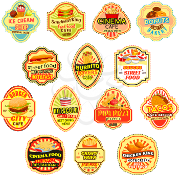 Fast food restaurant menu icons for burger, hotdog or pizza and desserts. Vector isolated set of combo meal sandwiches, fries or hamburger and ice cream or donut desserts, burrito and coffee drink