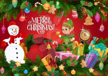 Christmas elf and snowman vector design with Xmas tree and gifts garland. Santa helpers, red bag and presents, pine and holly branches with balls, clock and ribbons. New Year holidays greeting card