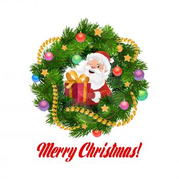 Christmas wreath with Santa and Xmas gift box vector greeting card. Claus with New Year holiday present in frame of pine and fir tree branches, decorated by balls, stars and ribbon bows