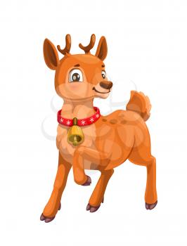 Deer or reindeer forest animal vector cartoon character. Cute white tailed fawn with small antlers, red collar and bell. Funny spotted deer stag or doe, zoo mascot design and woodland mammal themes