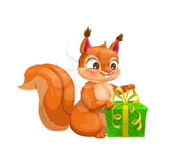 Squirrel with gift box cute cartoon character. Vector woodland animal with red fur, fluffy tail and present, decorated by ribbons and bow. Wildlife mammal or rodent pet mascot design