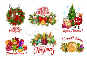 Merry Christmas wreath decorations and greeting calligraphy icons. Vector Santa with reindeer, gifts bag and Xmas tree lights, elf and calendar with candles and Christmas eve clock