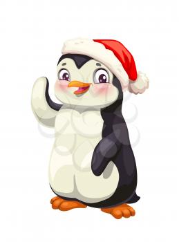 Penguin cute cartoon animal in winter red hat vector design. Snowy Antarctic bird with black and white face smiling and waving. Polar penguin character, zoo mascot, children postcard