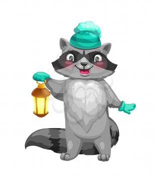 Raccoon animal wearing hat and gloves with lantern cartoon character. Funny vector racoon with gray and black facial mask and striped tail. Cute coon, woodland wildlife or zoo mascot design