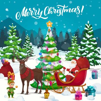 Christmas sleigh with Santa, elf and gifts vector design. Claus on reindeer sledge with red bag and Xmas tree, present boxes, bow and ribbons, star, balls and candies. Merry Christmas greeting card