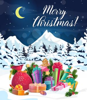 Christmas gifts and Santa bag on snow vector greeting card. Xmas present boxes with ribbon bows, pine and holly branches, gingerbread house and balls on New Year winter holidays forest background