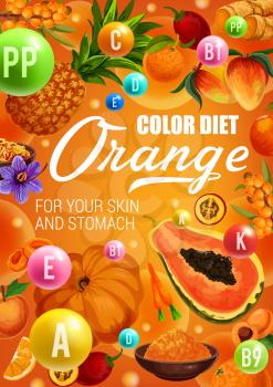 Color diet healthy food ingredients with orange fruits, vegetables, spices and berries. Skin health sources in carrot, papaya and mango, ginger, turmeric and pineapple, pumpkin and saffron. Vector
