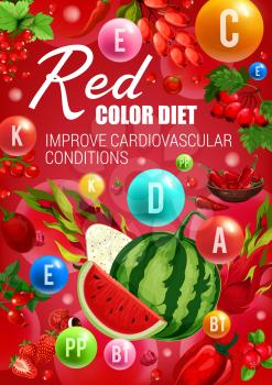 Red color diet food, healthy heart vitamins sources. Vector vegetables, fruits and berries health benefits poster with chili pepper, strawberry and watermelon, raspberry, briar and cranberry