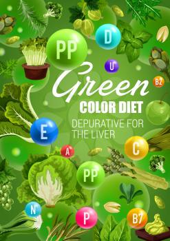 Detoxification green color diet with healthy vegetables, culinary herbs, fruits and nuts. Apple, spinach and grapes, broccoli, cabbage and pistachio, thyme and fennel. Vegetarian food benefits vector
