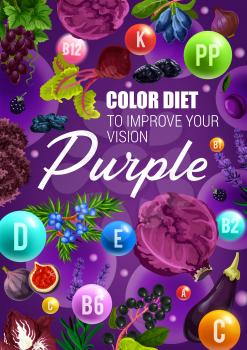 Color diet vegetarian food and eye health vitamins in purple berries, vegetables and fruits. Blueberry, cabbage and fig, grapes, plum and honeysuckle, healthy dieting ingredients vector theme
