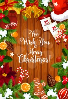 Merry Christmas wish lettering for greeting card of New Year decorations and Santa gifts. Vector 25 December Xmas celebration calendar, gingerbread candy cookie and wreath on wooden background