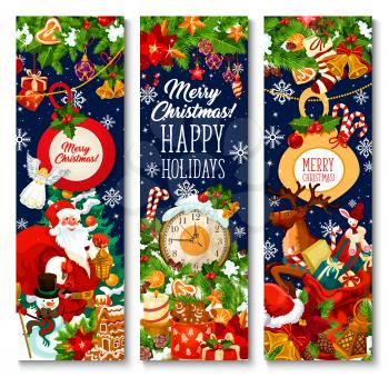 Merry Christmas greeting banners design of Xmas tree wreath, Santa gifts bag on sleigh and New Year clock. Vector snowflake on Christmas tree, New Year gingerbread cookie and golden bell or star ornament