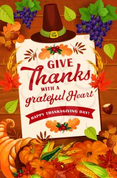 Thanksgiving Day autumn holiday greeting card design. November harvest celebration poster on wooden background with orange pumpkin and maple leaf, cornucopia and pilgrim hat, vegetable and fruit