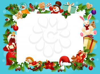 Christmas frame with copy space for New Year holiday greeting card design. Blank paper, edged with Xmas tree, gift and holly branch, snowman, snowflake and ball, present, Santa hat and candy border