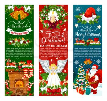 Santa with Christmas gift and bell greeting banner. Xmas tree wreath and holly berry garland with snowflake, present box and ribbon bow, candle, candy, red hat and sock for New Year holiday design