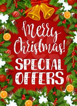 Christmas sale special offers poster design template for New Year decorations and holiday season discount offer. Vector Xmas Santa gifts and golden bell decoration on holly wreath or Christmas tree