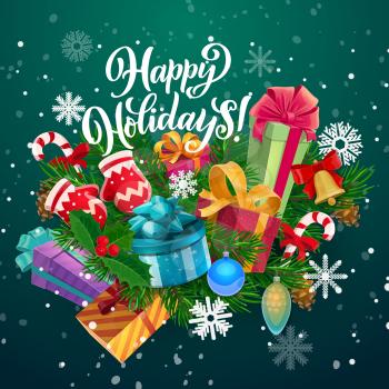Christmas and New Year gifts vector greeting card. Xmas tree and holly berry branches with snow, present boxes and bell, snowflakes, candy canes and balls, gloves and wishes of Merry Winter Holidays