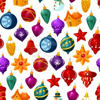 Christmas decorations pattern background. Vector seamless cartoon Christmas tree glass ball with stars, house or star and icicles for New Year holiday greeting card