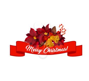 Merry Christmas greeting text lettering on red ribbon in poinsettia star wreath. Vector icon of holiday wish and Christmas tree decorations of golden bells and fir cones for winter season celebration