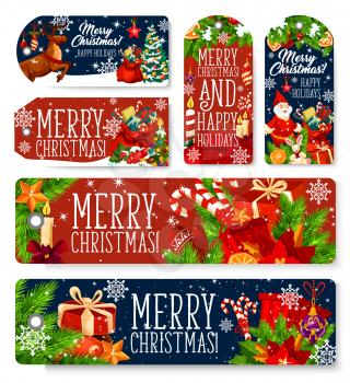 Merry Christmas greeting tags, cards and banners for winter holiday season. Vector set of Xmas decoration ornaments, New Year fir tree wreath and holly ribbon, Santa gifts on sleigh in snow