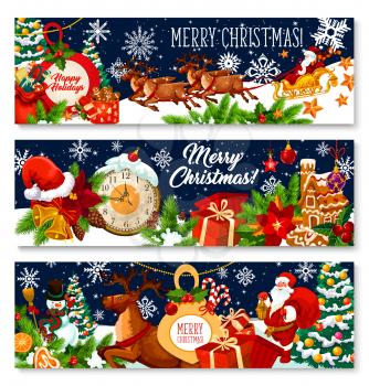 Merry Christmas holiday greeting banners of Santa with gifts bag in deer sleigh and Xmas tree in snowflakes and New Year ornaments. Vector Xmas decorations and ornaments on blue snow background