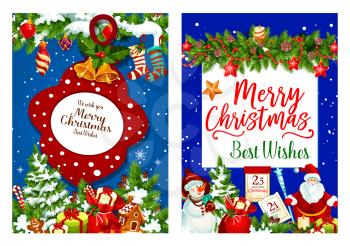 Merry Christmas best wishes for happy holidays greeting card. Vector Santa presents and snowman at Christmas tree, Xmas holly wreath and stocking decoration and snowflakes for New Year winter season