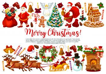 Christmas holiday banner with New Year celebration symbol. Xmas tree, gift and Santa Claus, holly wreath with bell, snowman, candy and cookie, red hat, glove and sock border for greeting card design