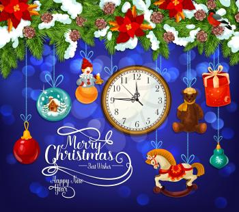 Christmas and New Year greeting card with Santa gift. Xmas tree and fir festive garland with snow and Christmas ornaments, present box, bow and ball, toy and midnight clock for winter holiday design
