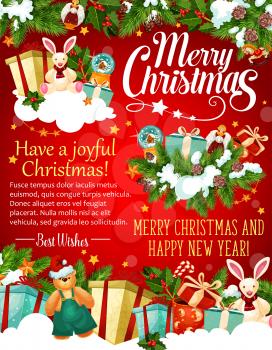Christmas and New Year holiday greeting banner of Santa gift. Xmas tree and holly garland with present box, ribbon bow and snow, star, candy and toy for winter holiday celebration festive card design