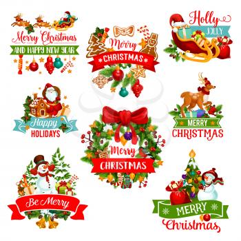 Christmas and New Year holiday icon. Xmas tree wreath with gift and holly, Santa, snowman and reindeer sleigh badge with ribbon banner, bell, snowflake and candy, ball, cookie and sock for Xmas design