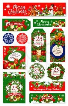 Merry Christmas greeting banners, cards or tags of Xmas wishes for happy winter holidays celebration. Vector Christmas tree wreath garland decoration, snowman and Santa New Year Santa presents